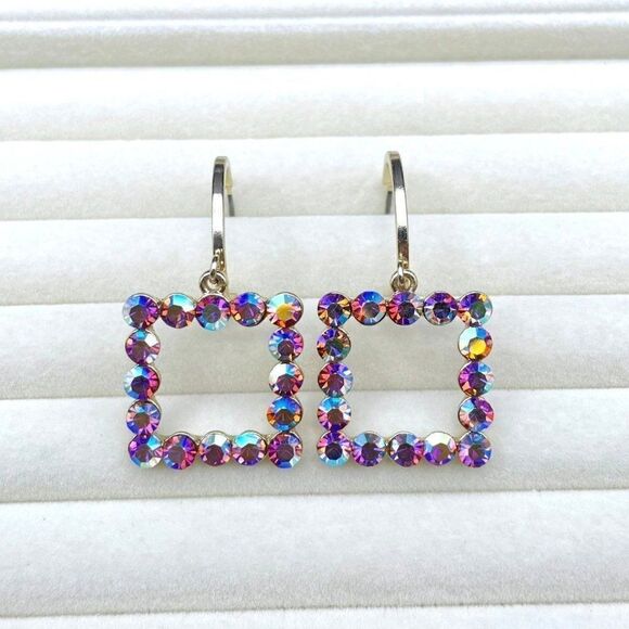 Yellow Gold with Iridescent AB Crystal Dangling Square and Hoop Post Earrings - Picture 3 of 10